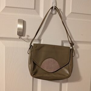 Italian Leather Grey Women's Shoulder Bag with Taupe Accent